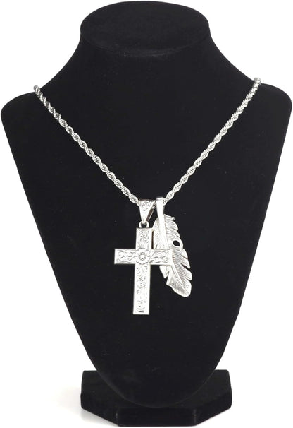 Twister Cross & Feather Necklace, Silver, 24” Chain