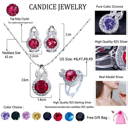 CANDICE Fashion Party Jewelry Set Sterling Silver Round Cut Blue Crystal Pendant Necklace Earrings Ring Set For Lady
