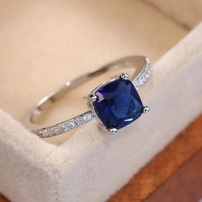 1Pcs Simple Style Micro-inlaid Zircon Sapphire Color Treasure Square Diamond Ring For Women Jewelry Gift