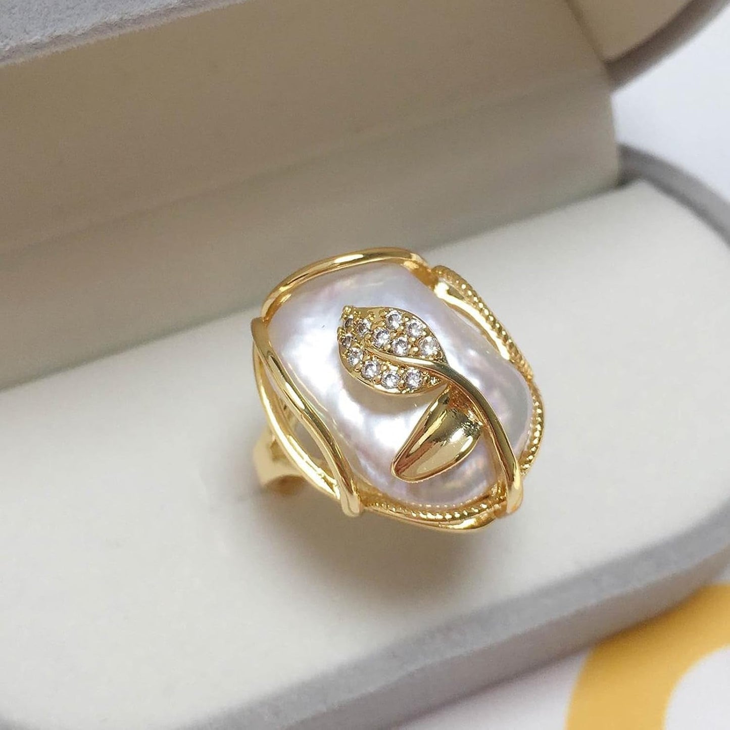 Irregular Pearl Ring, Baroque Pearl Leaf Shape Rhinestone Ring, Gold Vintage Pearl Stacking Ring, Open End Adjustable Statement Ring, Fashion Jewelry Ring Gift for Women