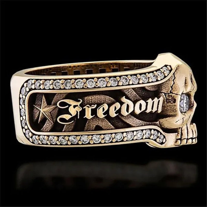 Vintage Stainless Steel Micro Inlaid Cubic Zirconia Gothic "Freedom or Death" Skeleton Skull Cocktail Rider Statement Halloween Christmas Ring Gift