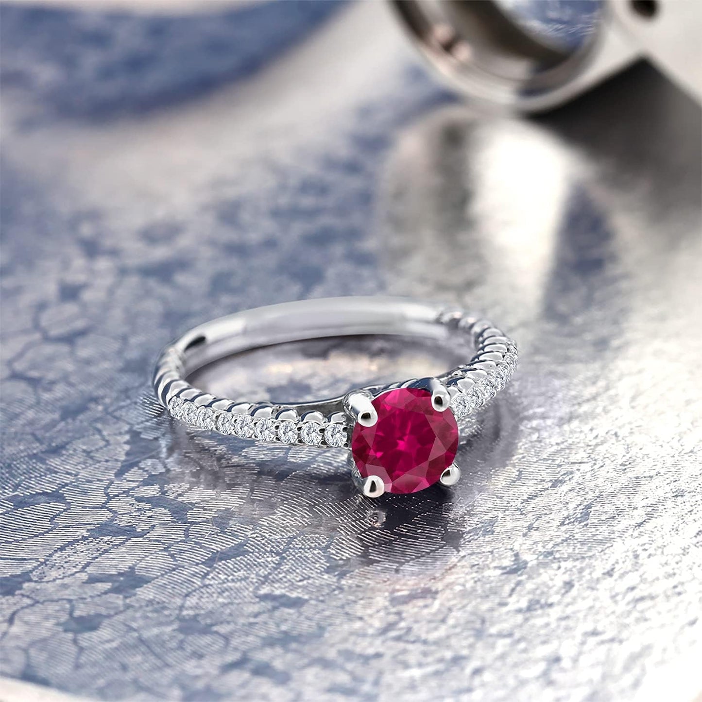 925 Sterling Silver Red Created Ruby and White Moissanite Engagement Ring for Women (1.73 Cttw, round 7MM, Available in Size 5, 6, 7, 8, 9)