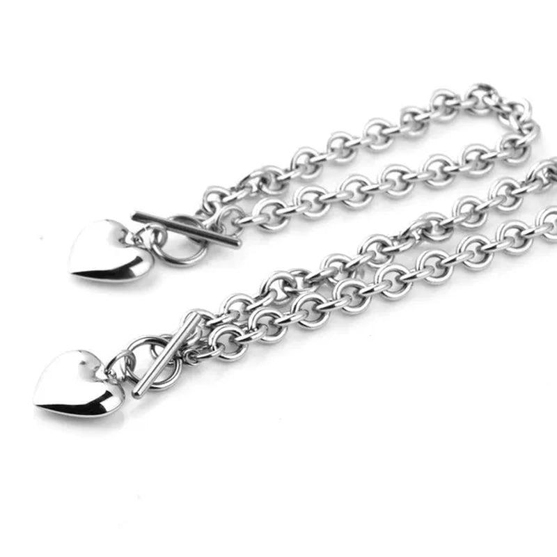 Trendry Women'S Heart Pendant Set Silver Stainless Steel Jewelry Set Chain Necklace Bracelet Oval Chain