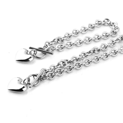 Trendry Women'S Heart Pendant Set Silver Stainless Steel Jewelry Set Chain Necklace Bracelet Oval Chain