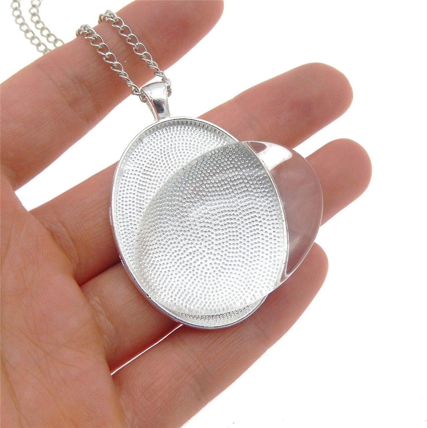 10 Sets Oval Bezel Pendant Kit with Glass Cabochon and Chain for Jewelry Making Necklace Silver 40X30Mm - WORLD TIME VISITS