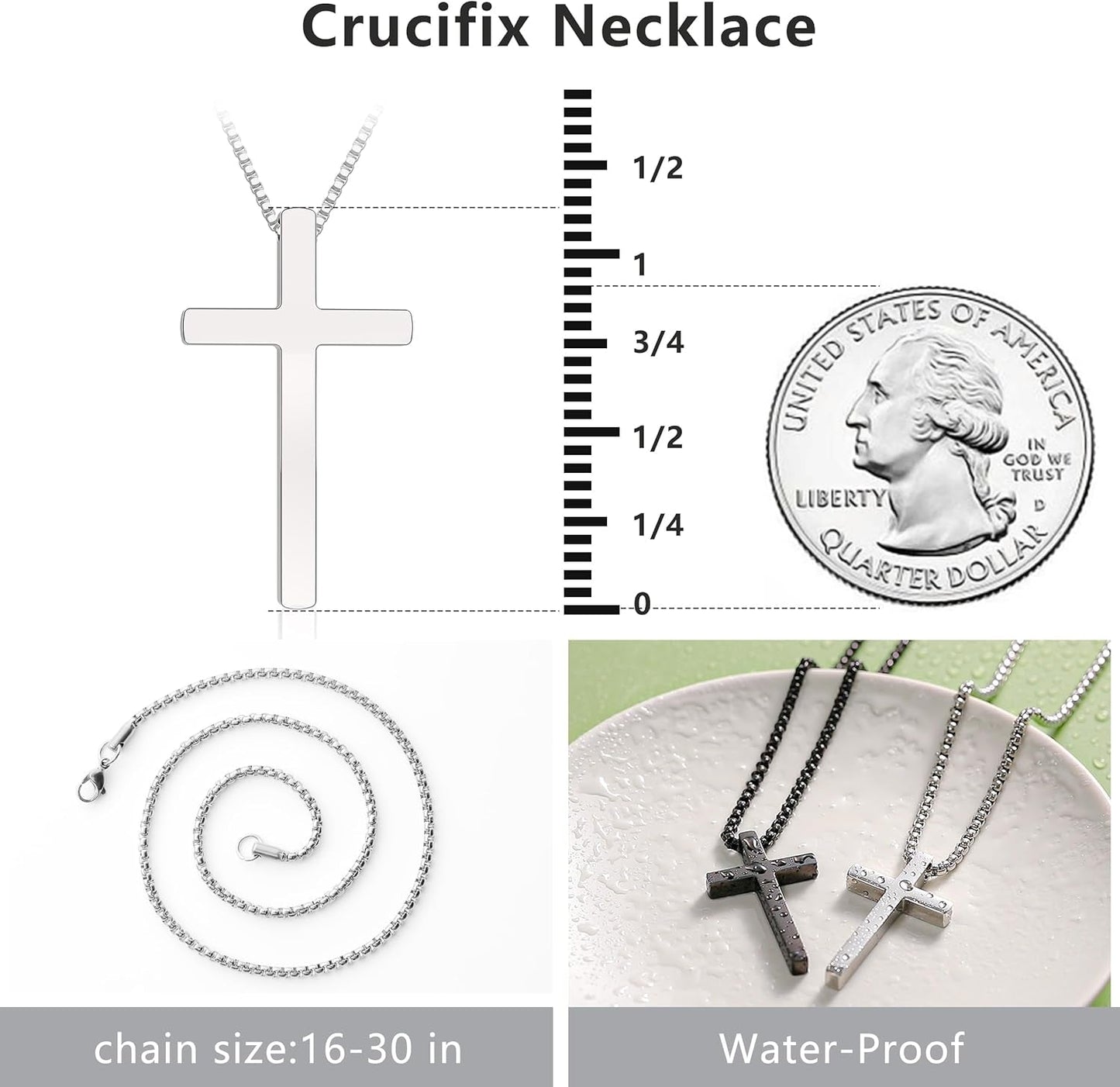2 Pcs Cross Necklace for Men Boys,Stainless Steel Pendant Silver Black Gold Crosses Chain Jewelry Gifts Box 16-30 Inches