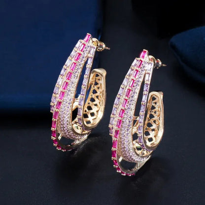 CANDICE Dubai Luxury Trendy Ear Jewelry Full Micro Pave Rose Red Purple CZ Crystal Hollow-out Design Arc Hoop Earrings for Dinner Party