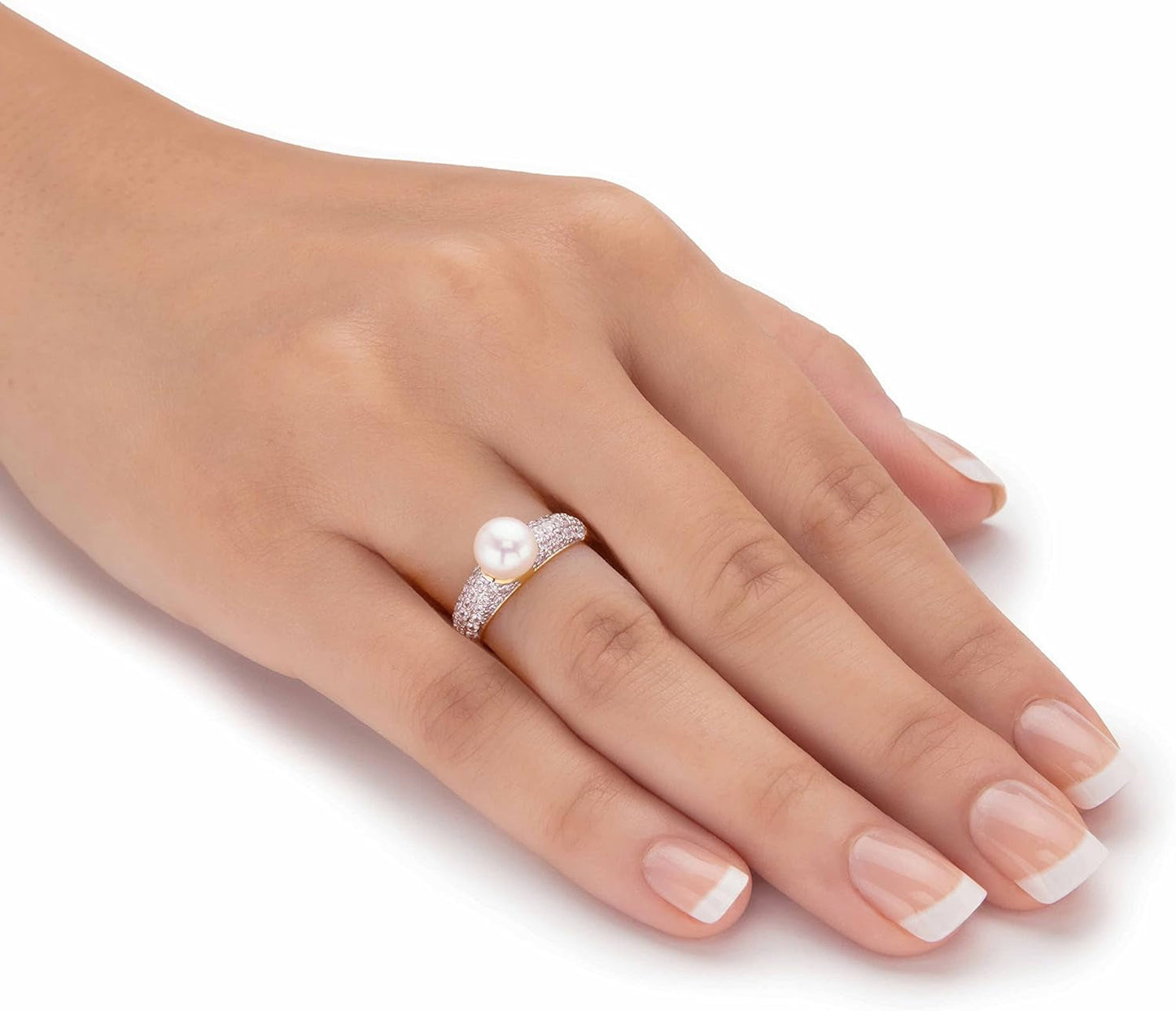 14K Yellow Gold over Sterling Silver Genuine round Cultured Freshwater Pearl and Cubic Zirconia Ring (5/8 Cttw)