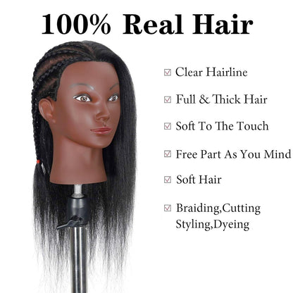 16" Mannequin Head Human Hair with 100% Real Hair Cosmetology Mannequin Doll Head for Hairdresser Practice Braiding Hairstyling with Free Table Clamp Stand (16 Inch)