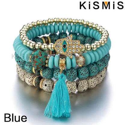KISMIS 4Pcs/Set Bohemian Mix Bead Multi Layer Versatile Statement Bracelet Stackable Beaded Strand Stretch Bangles Sparkly Crystals Tassel Charms 1Set or 2Sets Optional