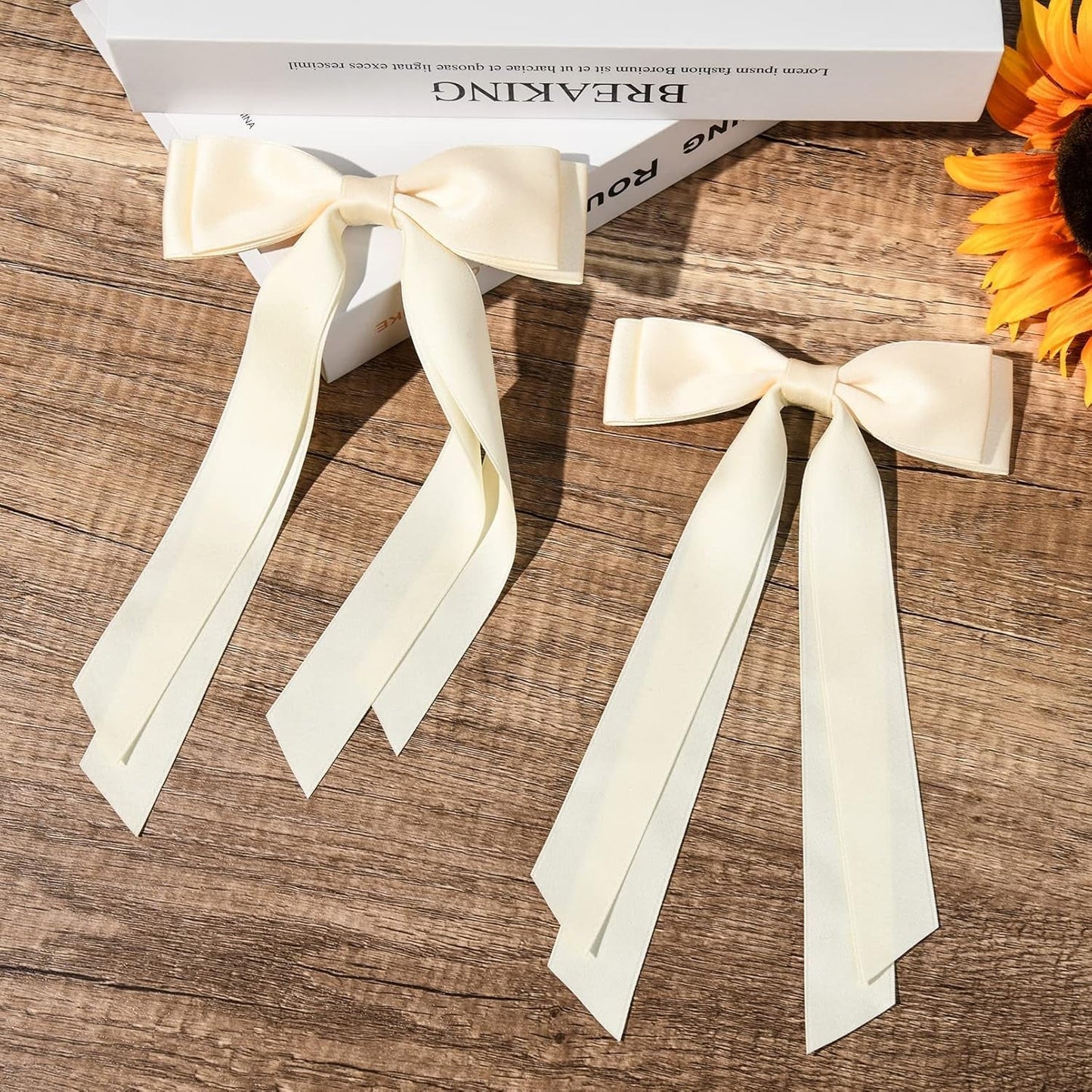 2PCS Silky Satin Hair Bows Hair Clip Beige Hair Ribbon Ponytail Holder Accessories Slides Metal Clips Hair Bow for Women Girls Toddlers Teens Kids