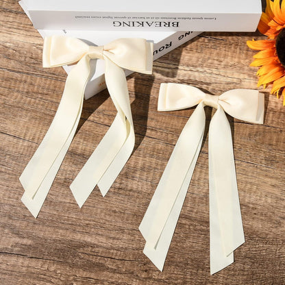 2PCS Silky Satin Hair Bows Hair Clip Beige Hair Ribbon Ponytail Holder Accessories Slides Metal Clips Hair Bow for Women Girls Toddlers Teens Kids