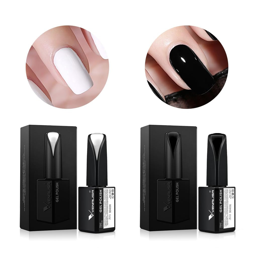 VENALISA 2Pcs 15Ml Black White Gel Nail Polish Kit, Nail Gel Polish Set Soak off UV LED Nail Art Starter Manicure Salon DIY at Home