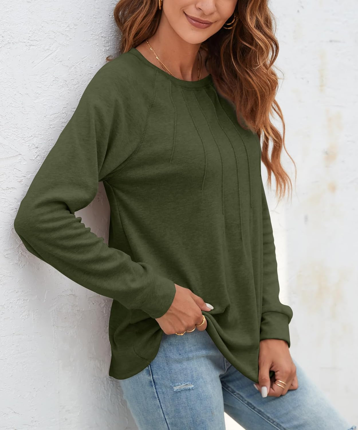 Women Long Sleeve Shirts Casual Tops Dressy Blouses Fashion Pleated Tunic