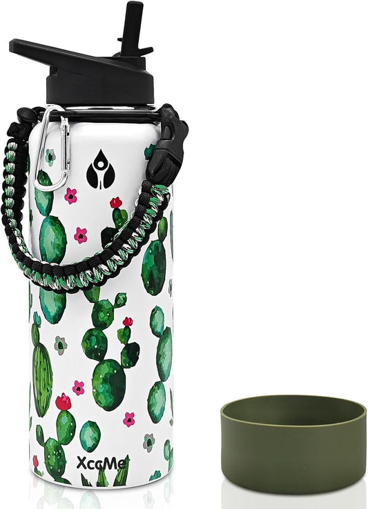 40Oz Cactus Insulated Water Bottle,Stainless Steel Double Wall Water Bottles,Metal Water Bottle,Sports Water Bottle with Straw Lid,Paracord Handle,Silicone Boot,For Hot Cold Liquid