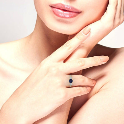 2 Ct round Cut Solitaire 3 Stone Genuine Simulated Blue Sapphire Engagement Promise Anniversary Bridal Ring 18K Yellow Gold