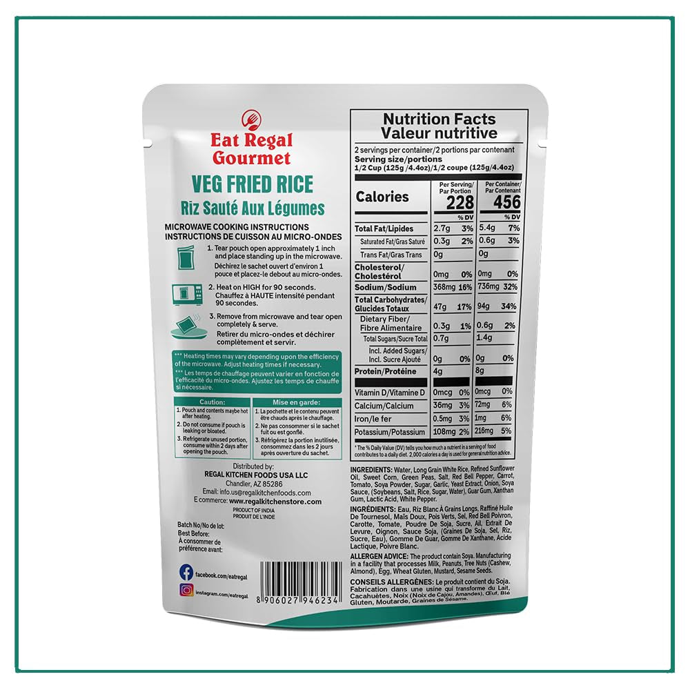 Veg Fried Rice Microwavable Rice Pack of 6, 8.8Oz Instant Rice Ready in 90 Seconds - Dinner Sides | Vegetable Rice | Ready to Eat | Prepared Foods | Side Dish | Flavored Rice