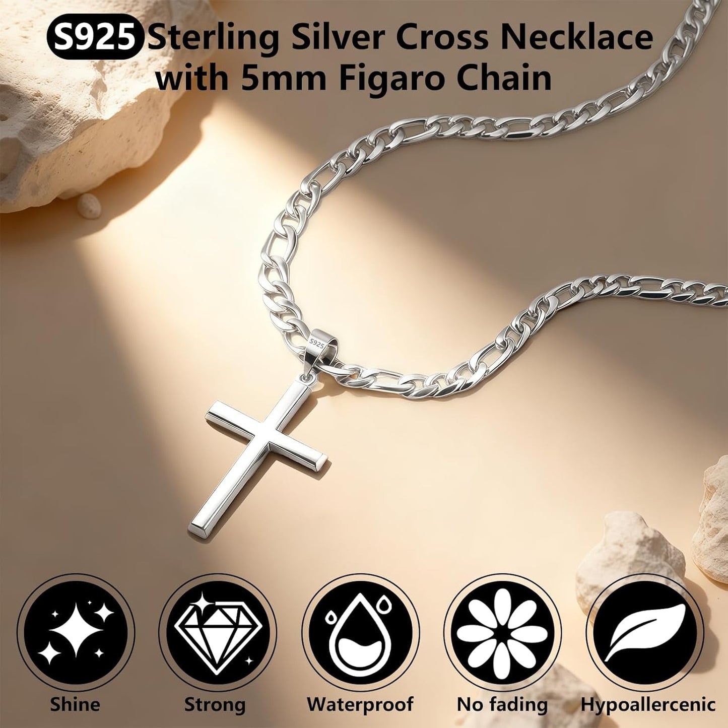 S925 Sterling Silver Beveled Edge Cross Necklace for Men Women with 5Mm Figaro Link Chain, Gold Plated/Sterling Silver Fashionable Men'S Crucifix Pendant Chain Necklaces 16-30 Inches