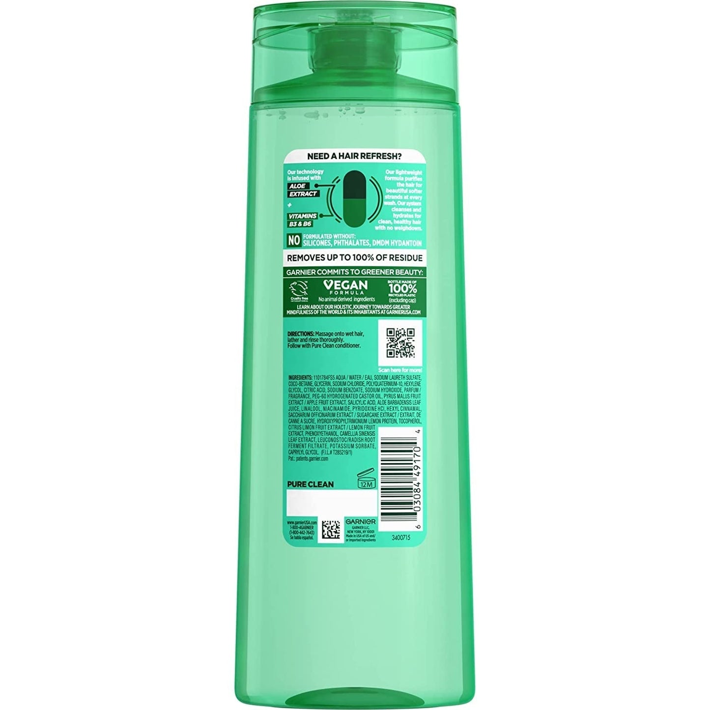 Fructis Pure Clean Purifying Shampoo, Silicone-Free, 12.5 Fl Oz, 1 Count (Packaging May Vary)