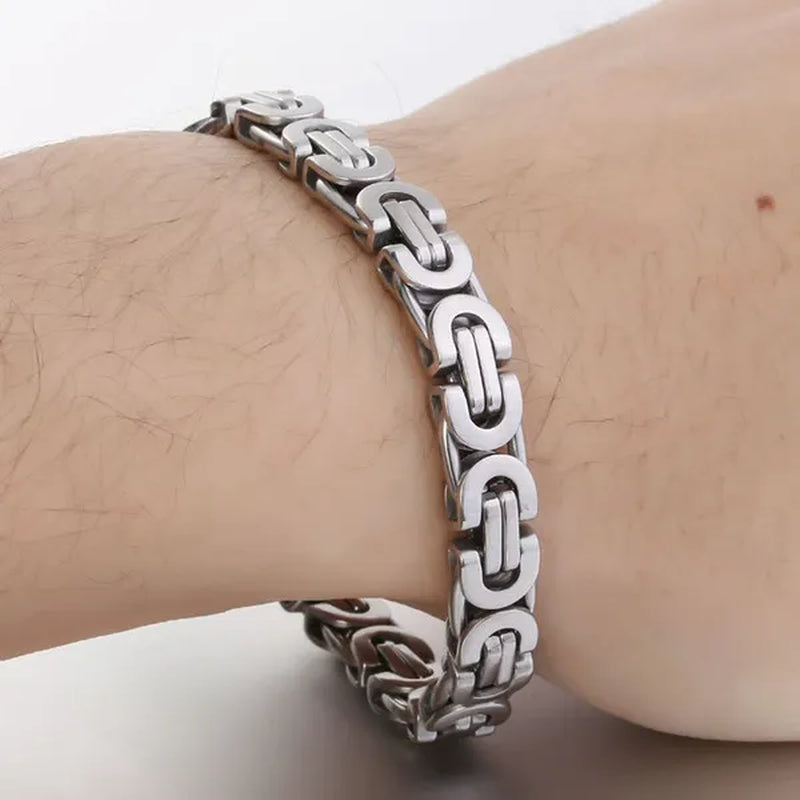 Davieslee Mens Fashion Flat Byzantine Link Silver Tone Stainless Steel Chain Bracelet - WORLD TIME VISITS