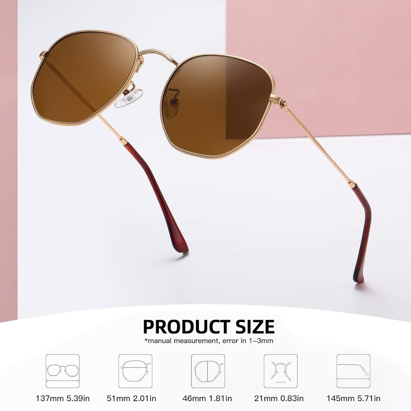 Polarized Hexagon Sunglasses for Women Men Polygon Square Sun Glasses UV400 Protection Metal Frame