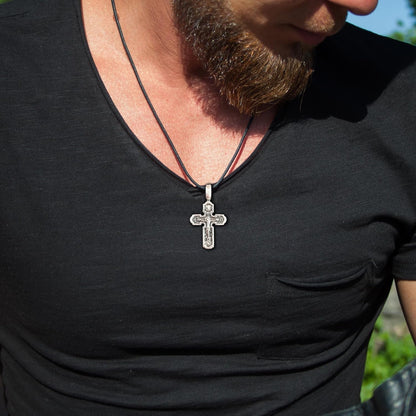 Eastern Orthodox Cross Necklace for Men Women - 925 Sterling Silver - Jesus Christ Crucifix Pendant Necklace with Chain 20 Inches - Unique Christian Religious Jewelry - Handmade