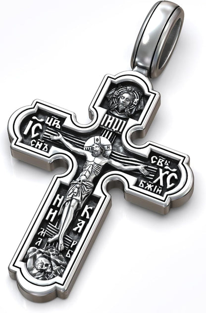 Eastern Orthodox Cross Necklace for Men Women - 925 Sterling Silver - Jesus Christ Crucifix Pendant Necklace with Chain 20 Inches - Unique Christian Religious Jewelry - Handmade