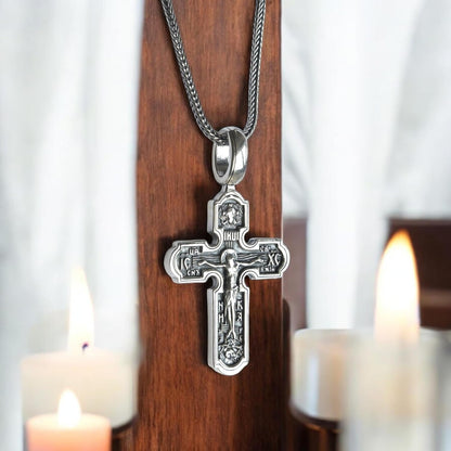 Eastern Orthodox Cross Necklace for Men Women - 925 Sterling Silver - Jesus Christ Crucifix Pendant Necklace with Chain 20 Inches - Unique Christian Religious Jewelry - Handmade