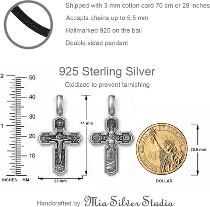 Eastern Orthodox Cross Necklace for Men Women - 925 Sterling Silver - Jesus Christ Crucifix Pendant Necklace with Chain 20 Inches - Unique Christian Religious Jewelry - Handmade