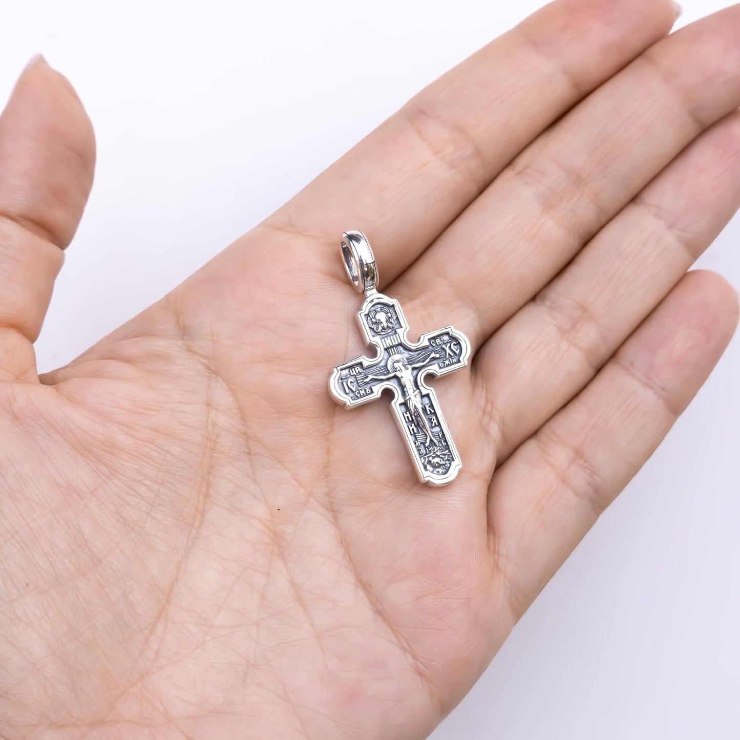 Eastern Orthodox Cross Necklace for Men Women - 925 Sterling Silver - Jesus Christ Crucifix Pendant Necklace with Chain 20 Inches - Unique Christian Religious Jewelry - Handmade
