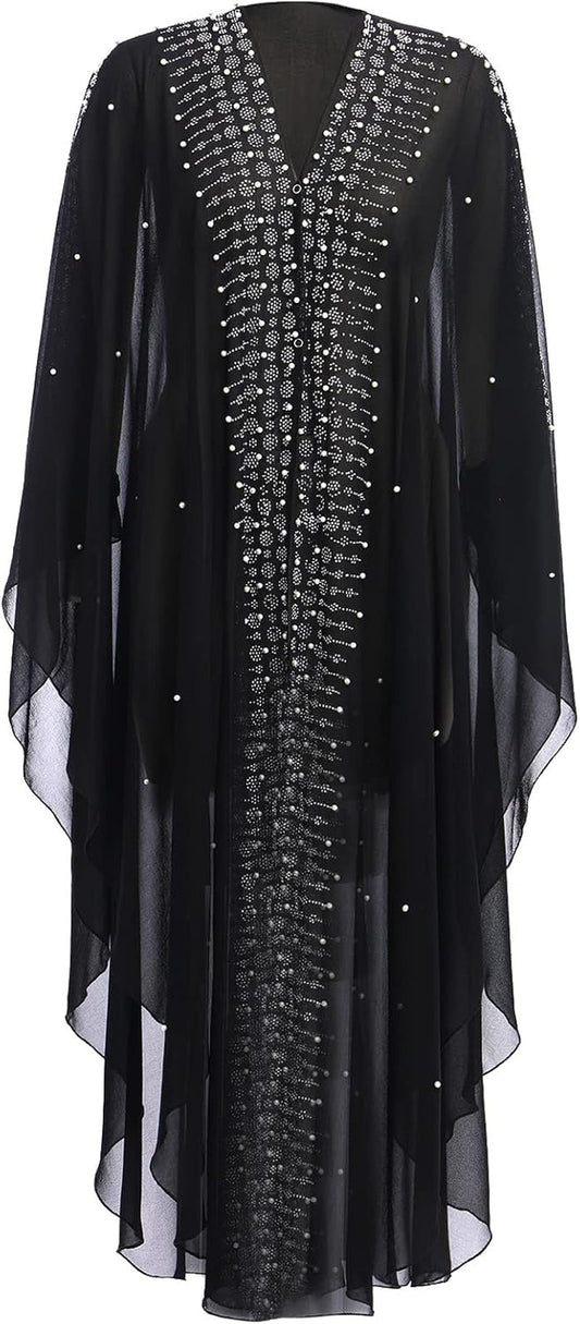 Muslim Dress for Women Loose Batwing Sleeved Hooded Beaded Embroidery Long Abaya Dress Kaftan Abayas Islamic Robe - WORLD TIME VISITS
