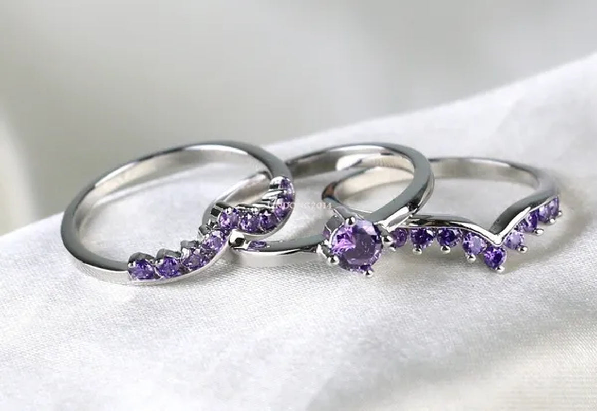 Sz5-10 Round 5mm Amethyst 10kt White Gold Filled Women's Wedding Ring 3 in 1 Bridal Sets