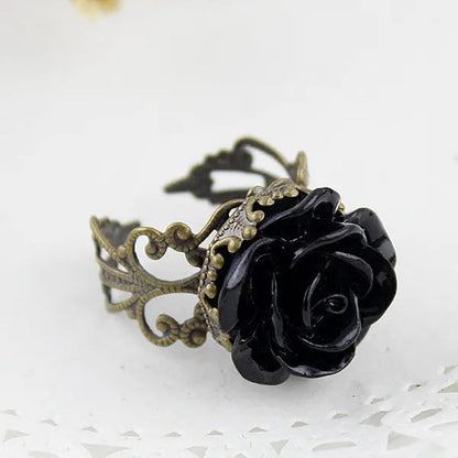 Vintage Jewelry Wholesale Hot Selling Promotion Bronze Alloy Gothic Black Rhinestone Rose Rings for Women - WORLD TIME VISITS
