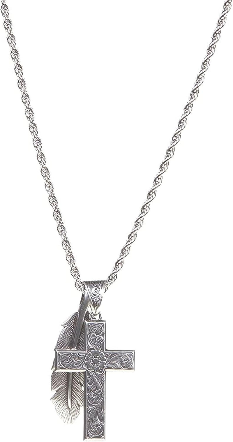 Twister Cross & Feather Necklace, Silver, 24” Chain - WORLD TIME VISITS