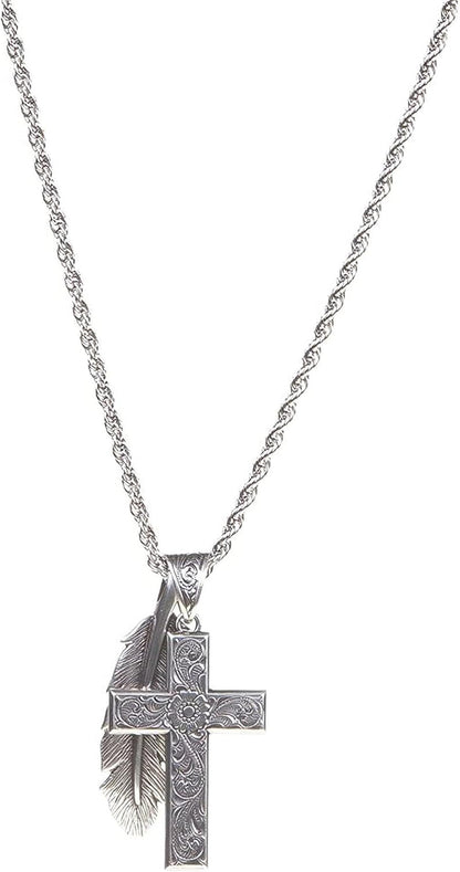 Twister Cross & Feather Necklace, Silver, 24” Chain - WORLD TIME VISITS