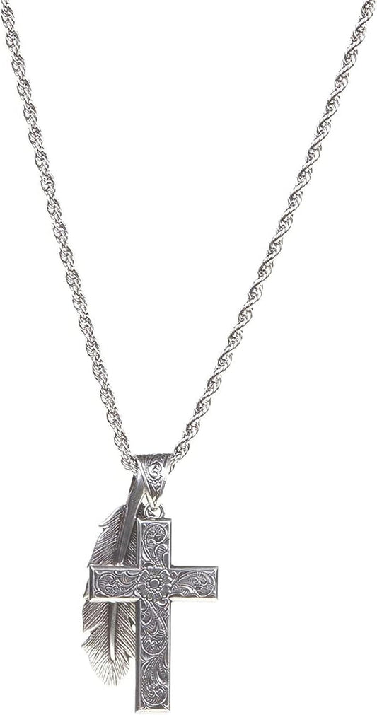 Twister Cross & Feather Necklace, Silver, 24” Chain - WORLD TIME VISITS