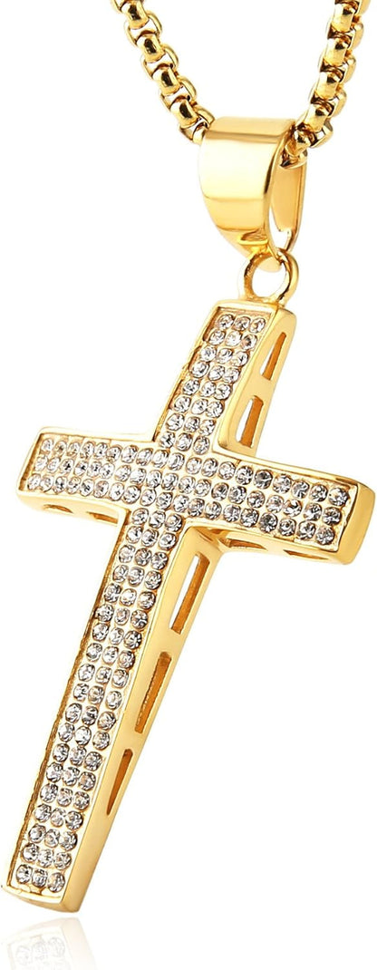 Mens Iced Out Cross Cz Inlay Pendant 18K Gold Plated Stainless Steel Hip-Hop Necklace 24" - WORLD TIME VISITS