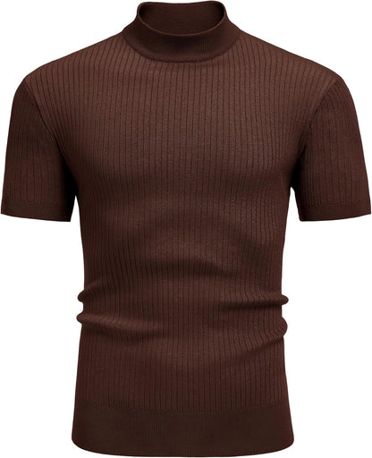 Men'S Mock Turtleneck Sweater Short Sleeve Casual Basic Tops Ribbed Knit Pullover Solid Tee