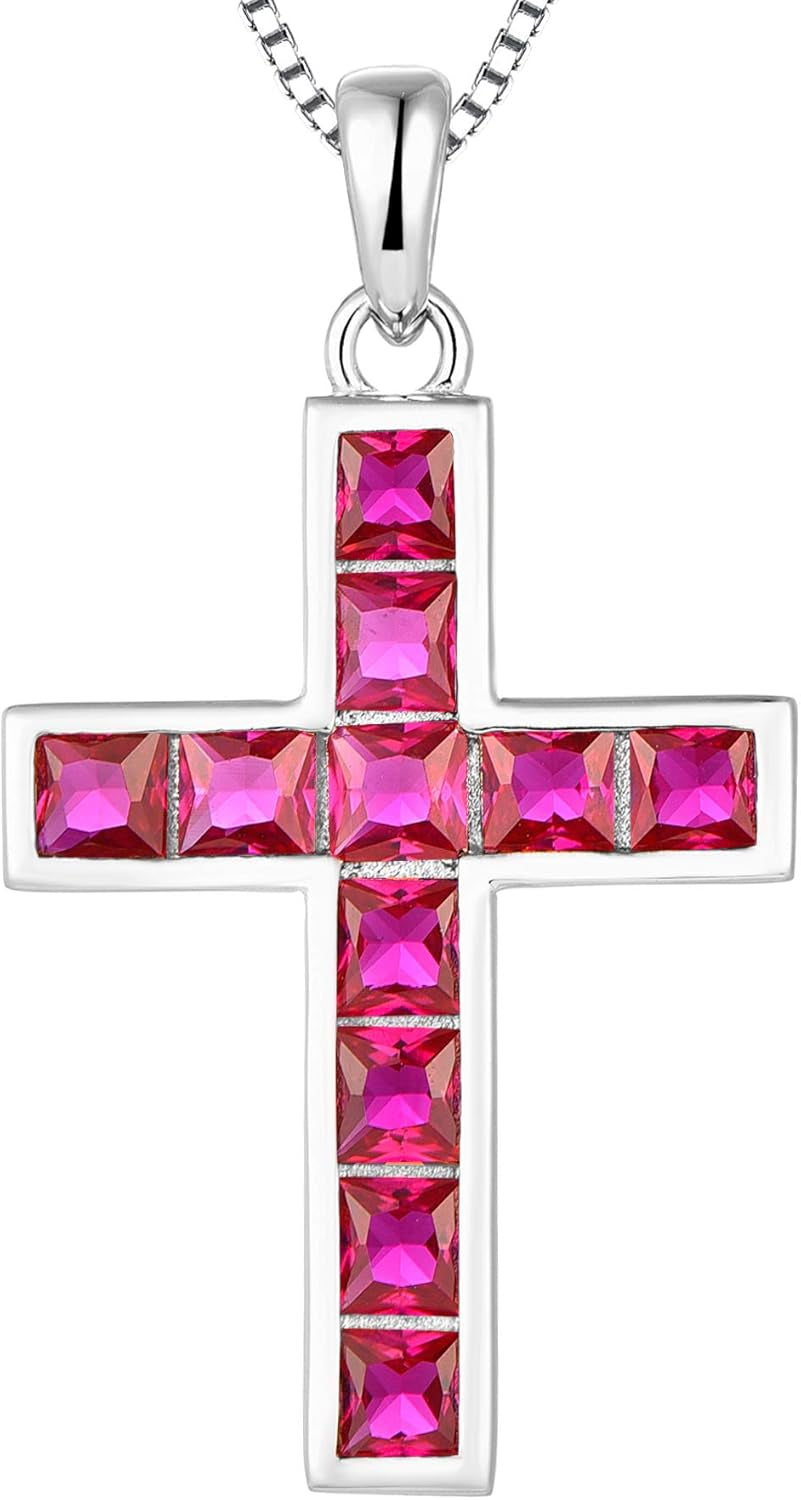 925 Sterling Silver Cross Necklace for Women Halo Pendant Princess Cut Birthstone Jewelry for Mom - WORLD TIME VISITS