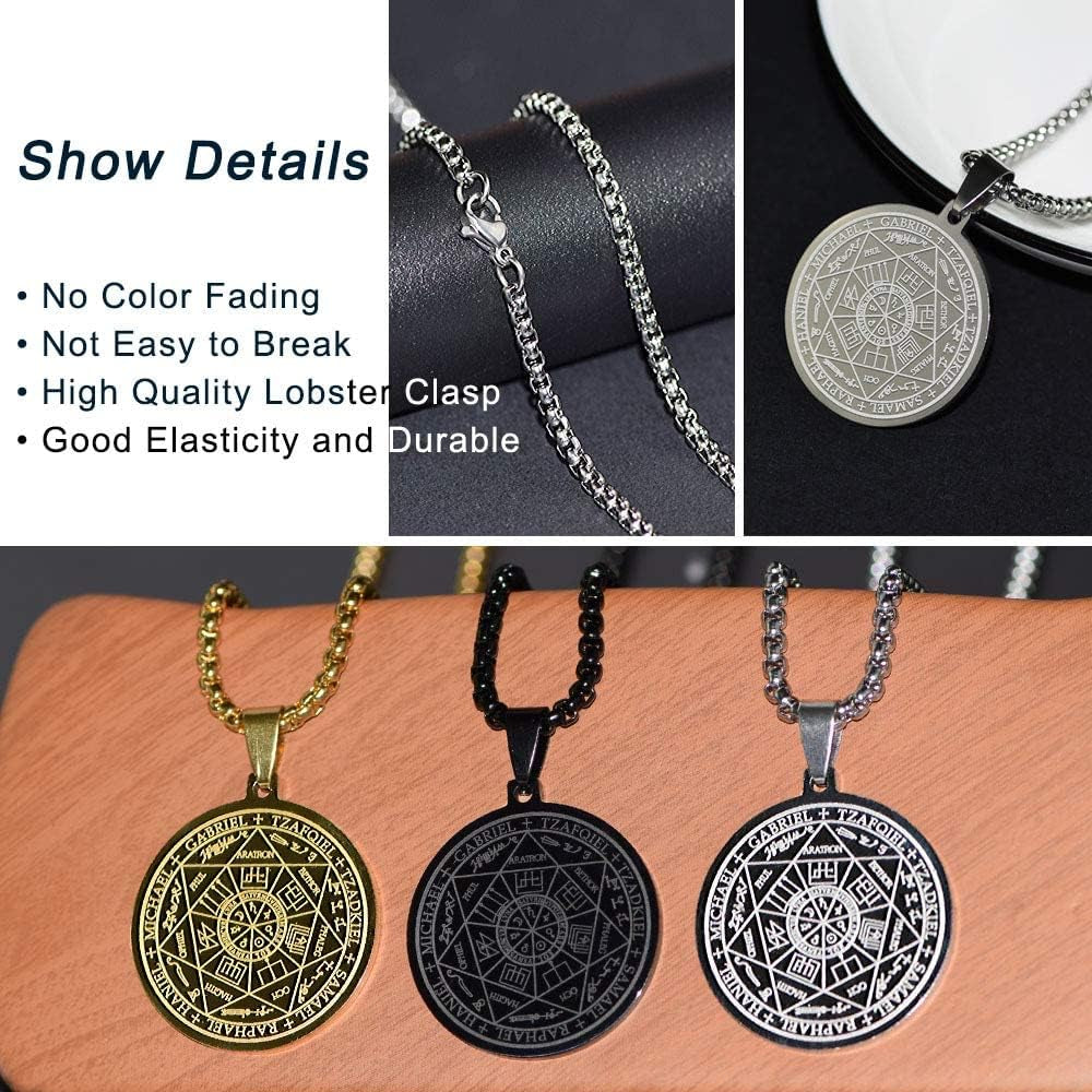 St Michael Necklace for Men, Seal of the 7 Archangels Pendant Protect Necklace Stainless Steel Mens Spiritual Talisman Protection Amulet Healing Jewelry Saint Michael Pendants