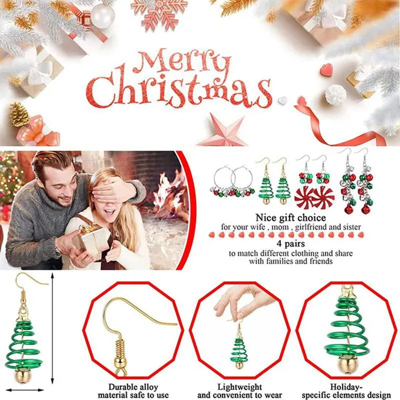 4 Pairs Christmas Earrings for Women Girls Christmas Bell Light Bulbs Hoop Earrings Christmas Tree JingleBall Snowflake Bow Flower Elk Dangle Earrings Christmas Party Jewelry Set Gift - WORLD TIME VISITS
