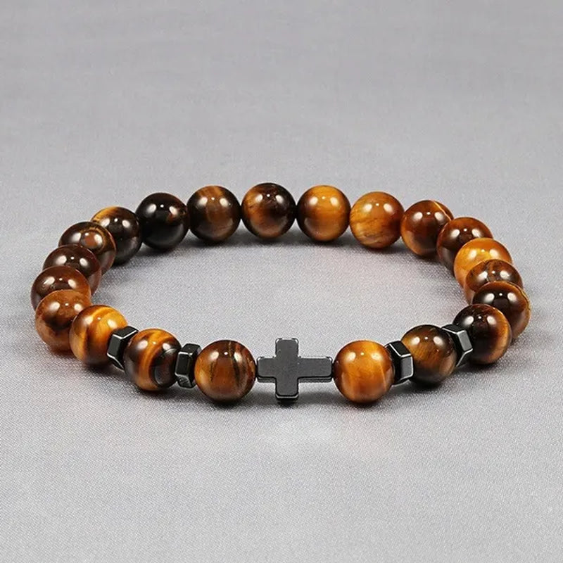 Hot Men Natural Tiger Eye Beads Hematite Cross Bracelets Onyx Meditation Prayer Bead Bracelet Women Stone Yoga Jewelry Homme