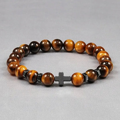 Hot Men Natural Tiger Eye Beads Hematite Cross Bracelets Onyx Meditation Prayer Bead Bracelet Women Stone Yoga Jewelry Homme