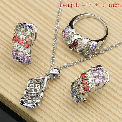 Silver 925 Gemstones Jewelry Sets for Women Ring Earrings Necklace Sapphire Ruby Amethyst Female Wedding Wholesale