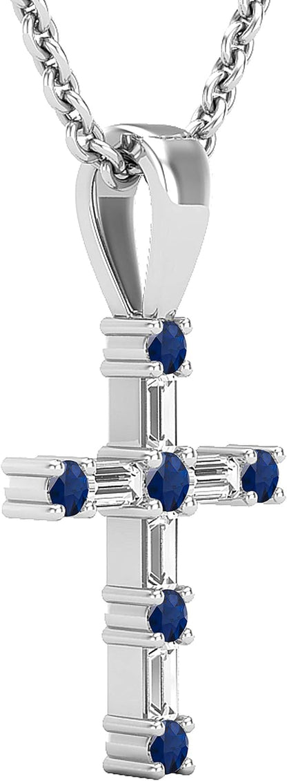 round Gemstone & Baguette White Diamond Ladies Cross Religious Pendant (Silver Chain Included), Available in Various Gemstones & Metal in 10K/14K/18K Gold & 925 Sterling Silver