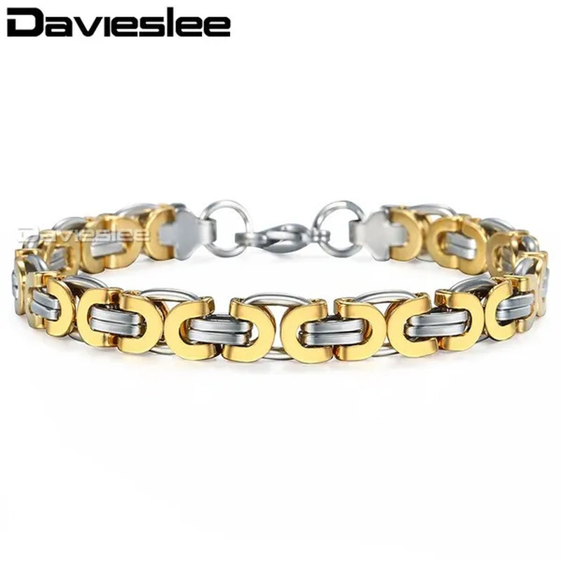 Davieslee Mens Fashion Flat Byzantine Link Silver Tone Stainless Steel Chain Bracelet