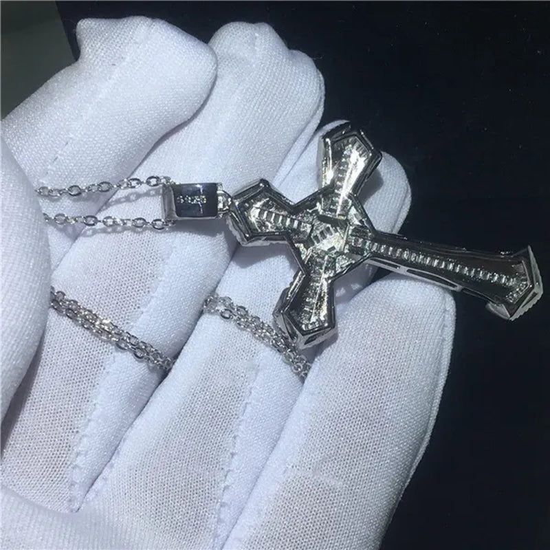 Luxury Big Cross Pendants 5A Zircon Cz Diamond Silver Wedding Pendant with Necklace for Women Men Jewelry