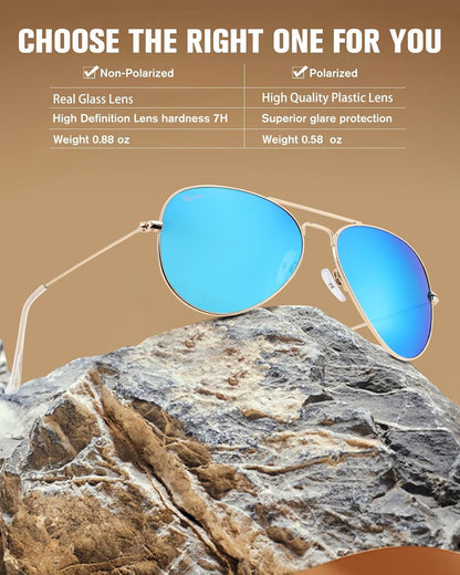 Classic Aviator Sunglasses for Men Women 100% Real Glass Lens