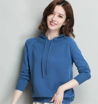 6 Colors Women Fashion Wool Pure Cashmere Casual Hooded Drawstring Pull Pullovers Plus Size S-XXL