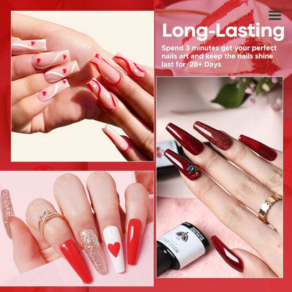 Red Gel Nail Polish Set 6 Colors, White Glitter Sparkle Bright Burgundy Dark Rose Champagne Silver Candy Cane Nail Gel Kit Soak off Nail Art Gel Design Mani Salon DIY Gift for Girls Women